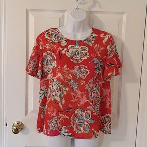 Short Sleeve - Rosy Pink/Floral- Tunic Blouse - Cropped - Medium